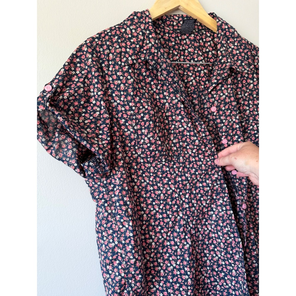 Faded Glory Navy Blue Pink Floral Button Down Shirt Roll Tab Sleeve XXL 20 - Picture 7 of 11